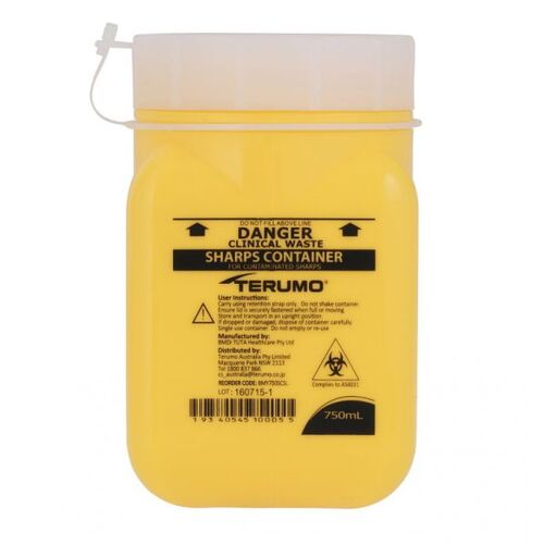 750mL Sharps Container Yellow with Screw Lid and Notching Cap